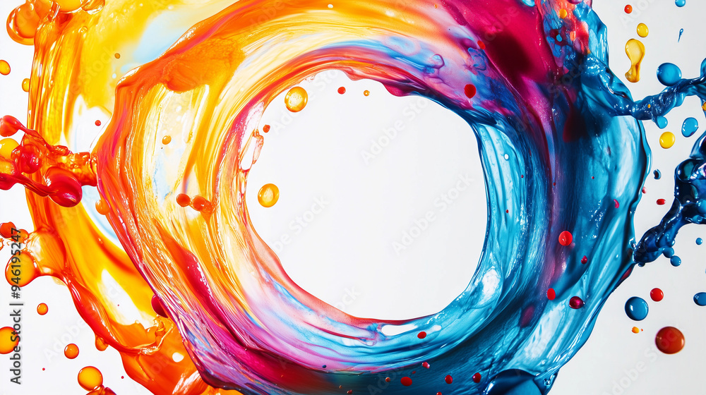 Obraz premium Abstrakcyjna kompozycja z ruchomymi, kolorowymi okręgami i płynącymi falami, które eksplodują na białym tle.