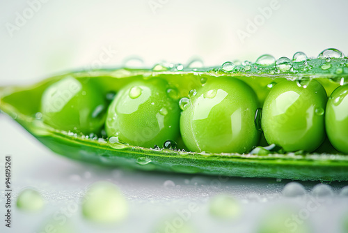 Perfect green peas in pea pod covered with water drops. Macro shot
 photo