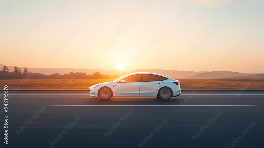 Craft a detailed side view image of a solar-powered car driving along a sunlit highway Highlight the integration of solar panels seamlessly into the vehicle design using photoreali Craft a detailed side view image of a solar-powered car driving along a sunlit highway Highlight the integration of solar panels seamlessly into the vehicle design using photoreali