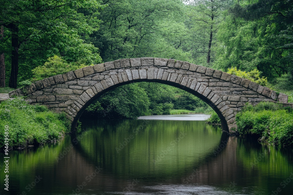 A stone bridge over a small pond in a park. A stone bridge over a small pond in a park.