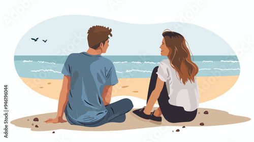 Romantic Young Couple Sitting on the Beach Looking at Sunset