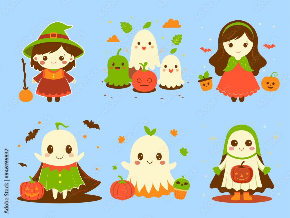 Naklejka premium Cartoon witch, ghost, pumpkin and scythe, Halloween decoration, vector illustration for card design, print, website and social media.