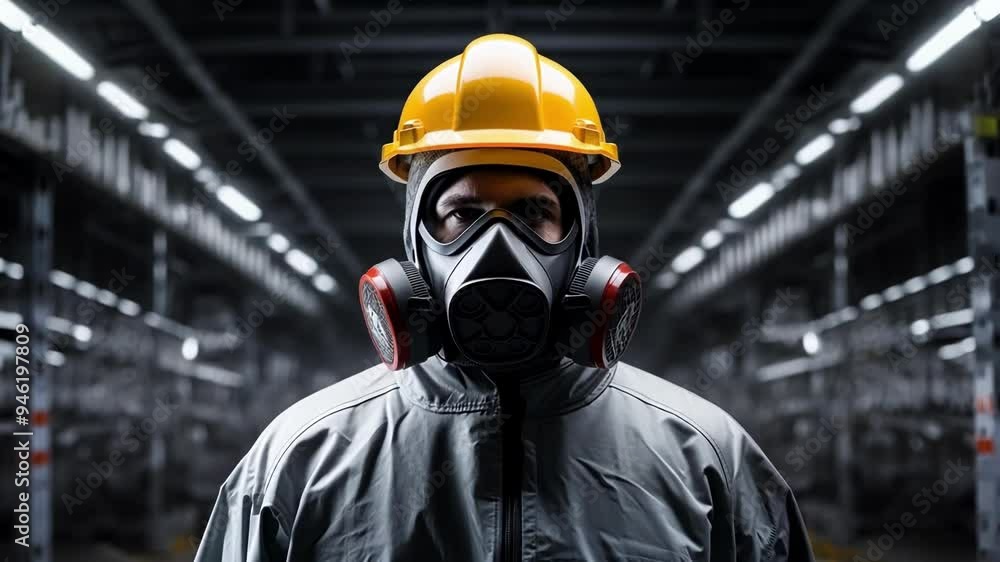 Serious caucasian worker in a gas mask navigates a hazardous factory environment, emphasizing safety and protection in manufacturing Serious caucasian worker in a gas mask navigates a hazardous factory environment, emphasizing safety and protection in manufacturing