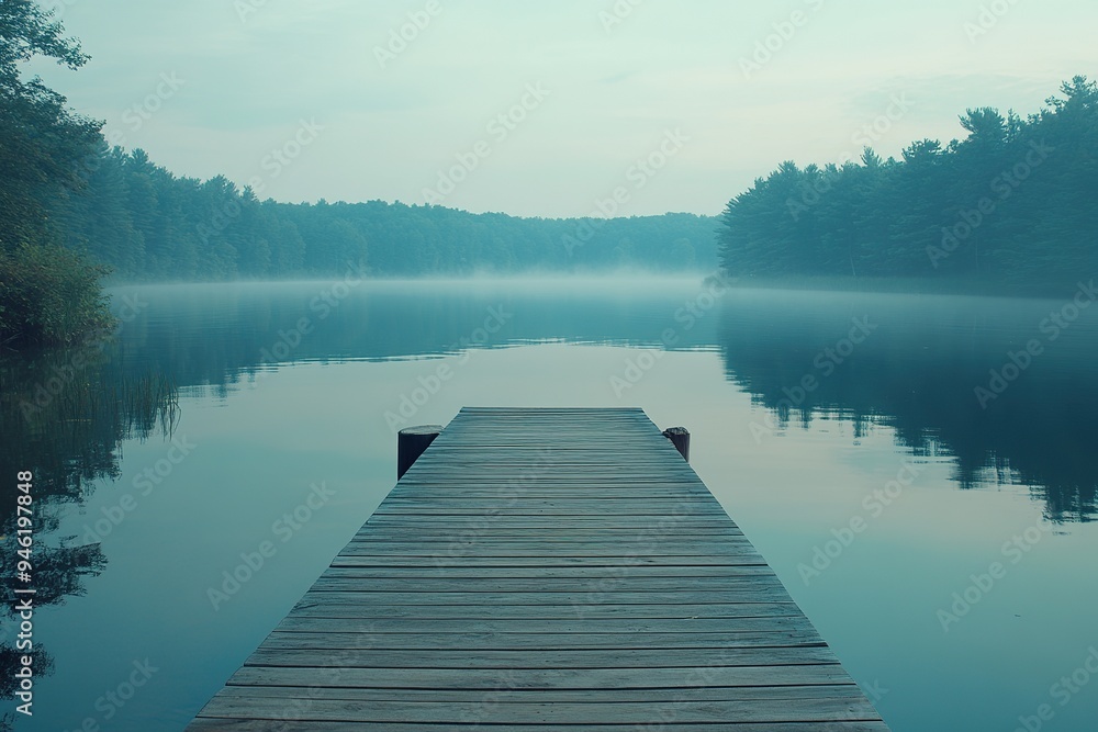 A serene lakeside scene with a small wooden pier, calm waters, and the distant sound of a loon calling A serene lakeside scene with a small wooden pier, calm waters, and the distant sound of a loon calling