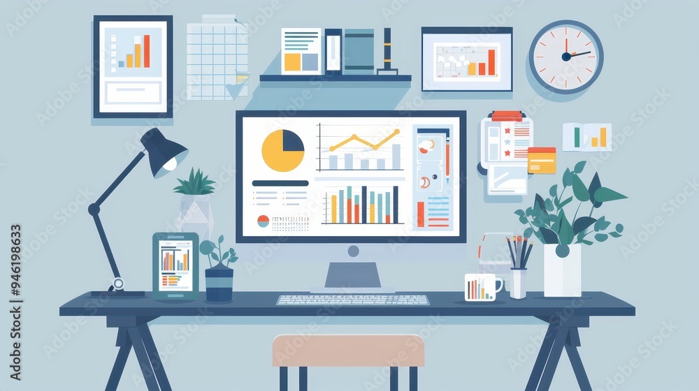 Modern home office setup with a computer, charts, and graphs displayed on multiple screens and wall frames, creating a productive workspace environment. Modern home office setup with a computer, charts, and graphs displayed on multiple screens and wall frames, creating a productive workspace environment.