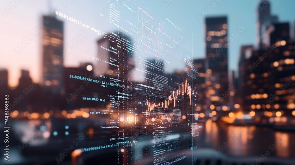 A city skyline with digital data overlays, symbolizing technology and finance. A city skyline with digital data overlays, symbolizing technology and finance.