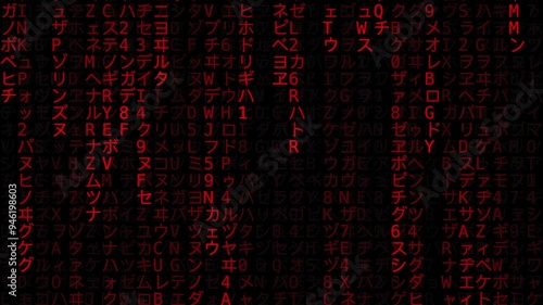 Japanese and English alphanumeric character. Hacker attack. Red code on black background. Moving digits on screen. Concept of digital age. decryption and encoding, row matrix, future, animation 4k.