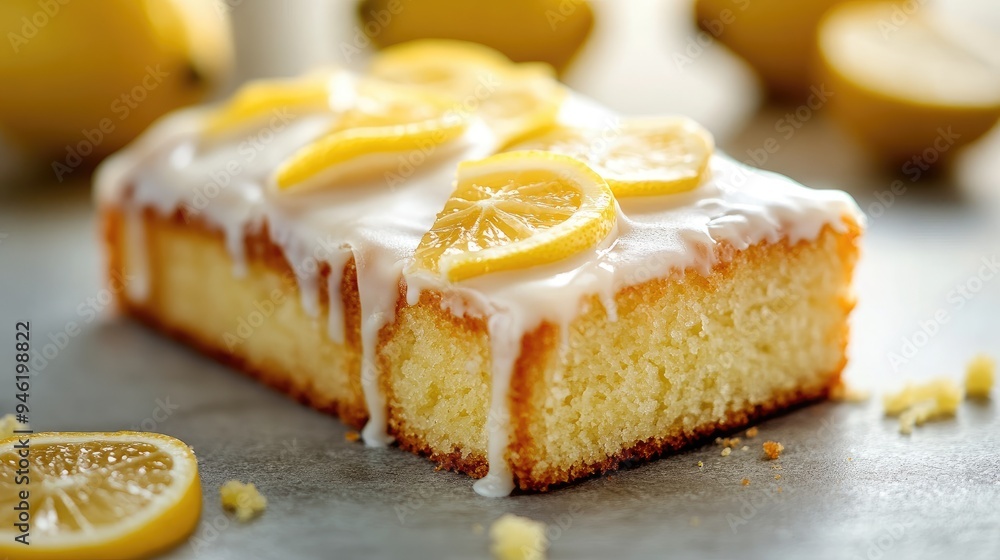 A delicate lemon cake with a light glaze and candied lemon slices, ideal for fresh and zesty dessert visuals A delicate lemon cake with a light glaze and candied lemon slices, ideal for fresh and zesty dessert visuals