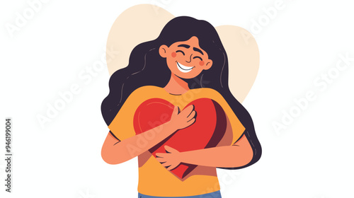 Self Love and Self Care Concept � Positive Image of Smiling Female Hugging Herself
