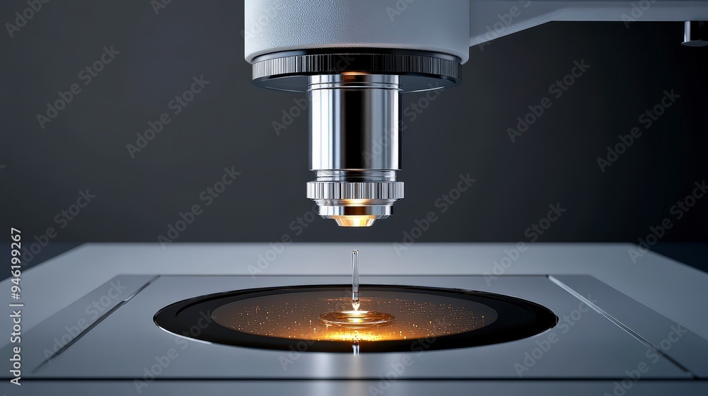 A microscope lens focused on a sample, showcasing scientific observation and analysis. A microscope lens focused on a sample, showcasing scientific observation and analysis.