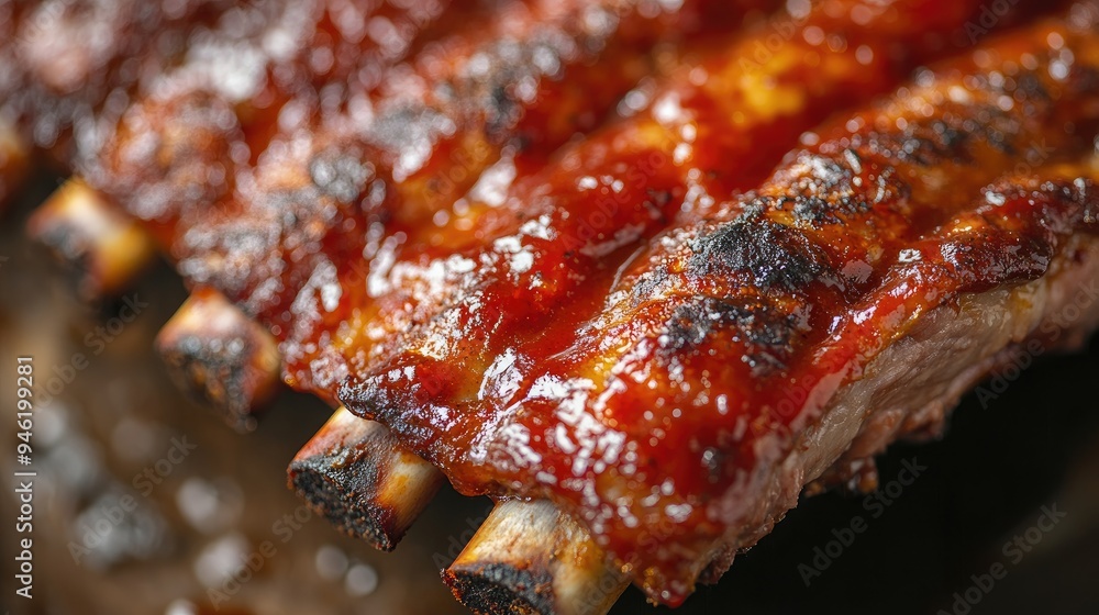 A detailed top view of a rack of barbecued ribs, with a focus on the tender meat and rich, sticky sauce A detailed top view of a rack of barbecued ribs, with a focus on the tender meat and rich, sticky sauce