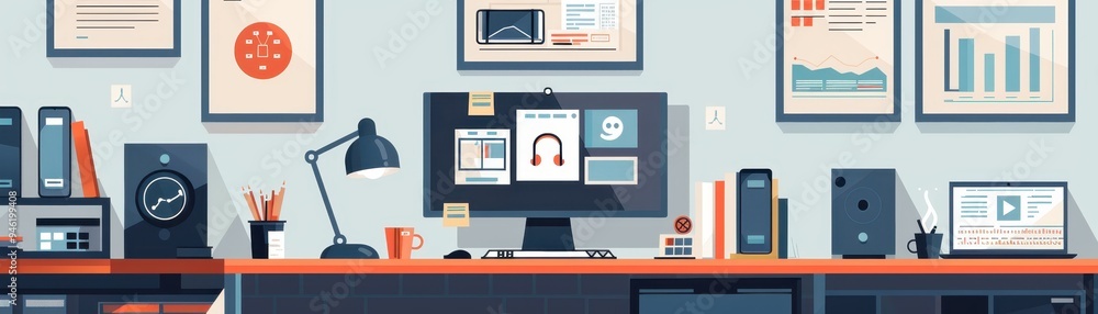 Modern home office setup with computer, desk, lamp, and decor. Perfect blend of productivity and style in a cozy workspace. Modern home office setup with computer, desk, lamp, and decor. Perfect blend of productivity and style in a cozy workspace.
