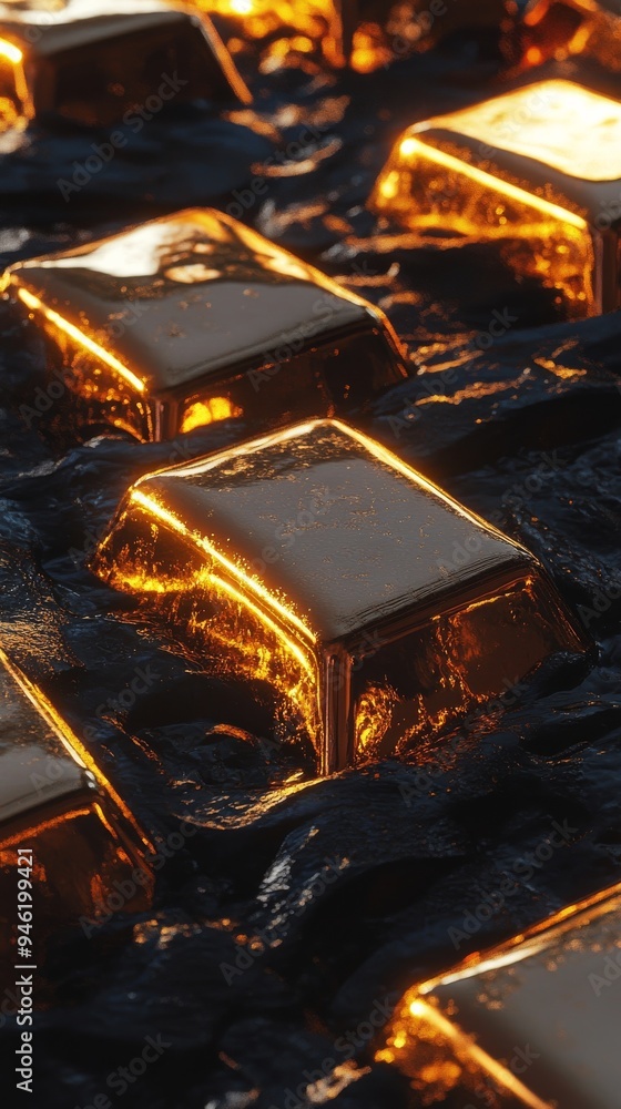 Gold bars glowing floating on dark water conceptual 3d illustration Gold bars glowing floating on dark water conceptual 3d illustration