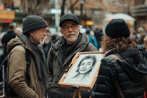 A street artist sketching portraits of passersby, with curious onlookers admiring the work photo