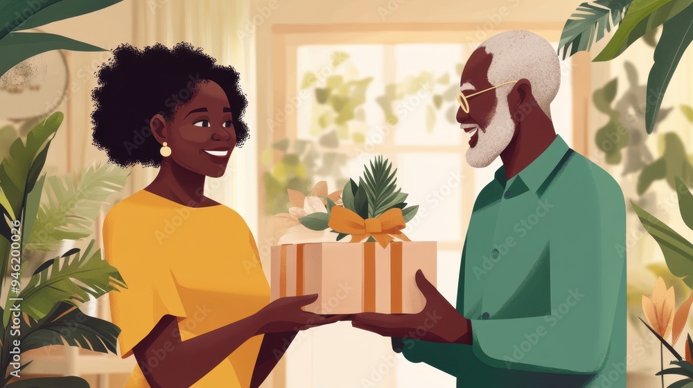 An elderly African American couple exchanges a beautifully wrapped gift while smiling warmly at each other in their vibrant, plant-filled living room An elderly African American couple exchanges a beautifully wrapped gift while smiling warmly at each other in their vibrant, plant-filled living room