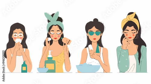 Professional Women Using Serum, Cleansing Foam, Eyes Patch Set