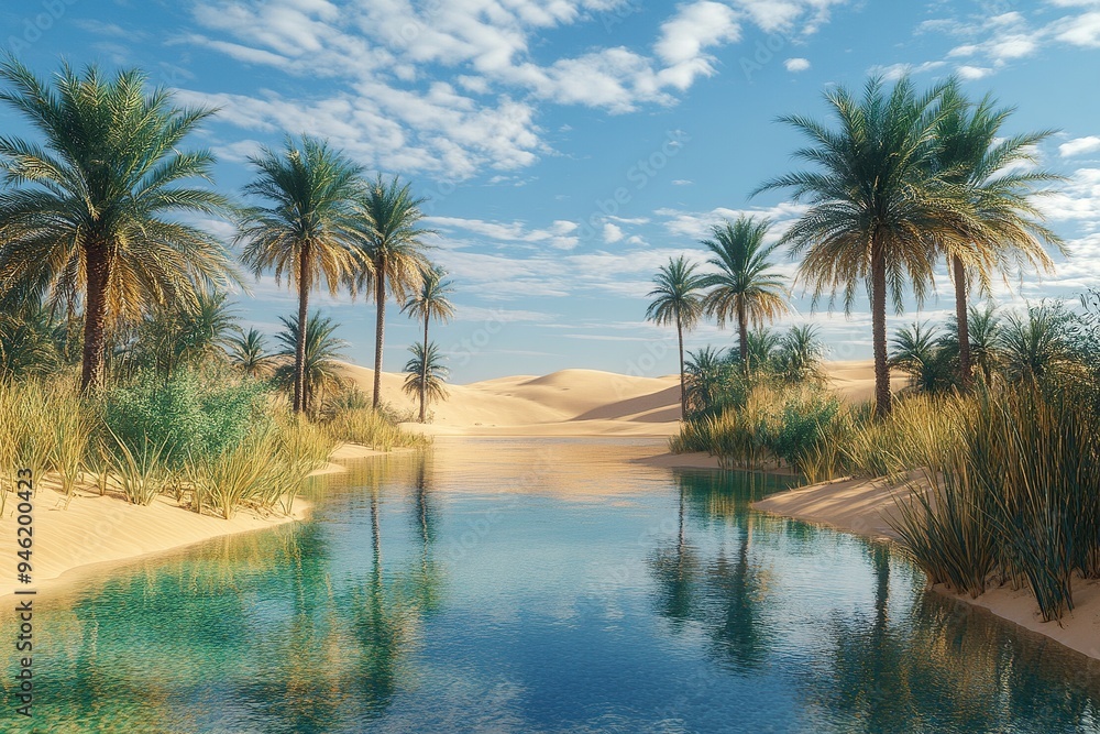 Obraz premium A tranquil desert oasis with palm trees, a crystal-clear spring, and golden sand dunes all around