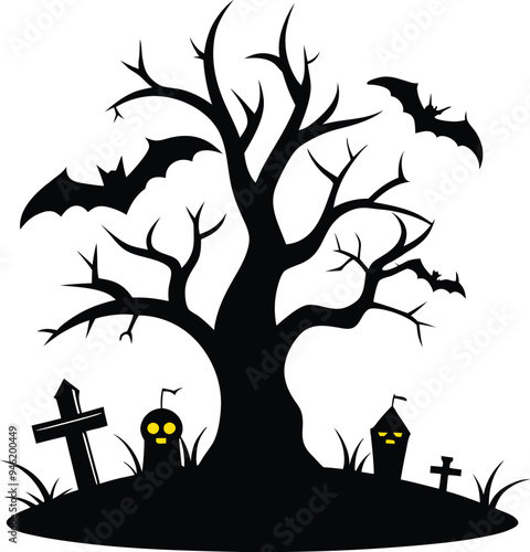 Halloween tree in graveyard with bat illustration