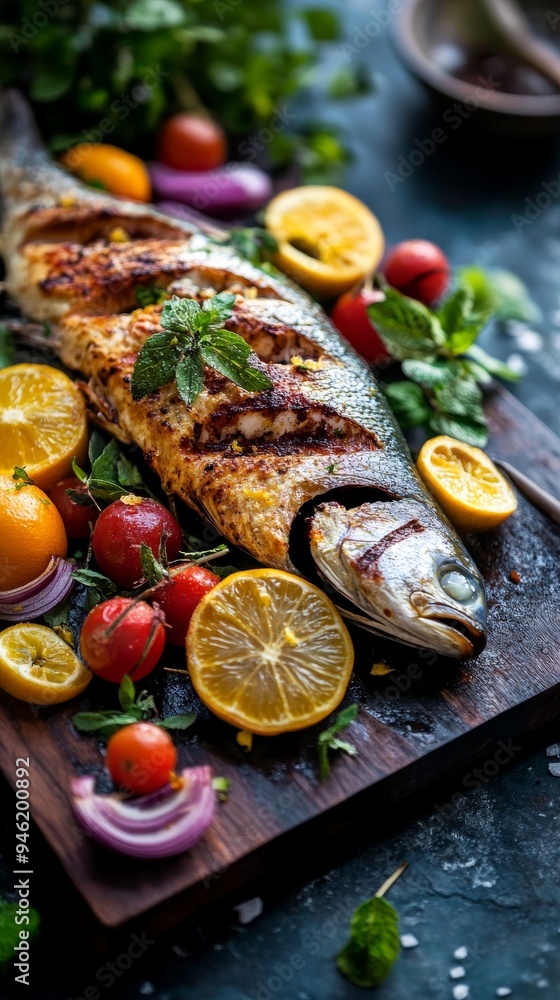 Grilled fish lying on a wooden cutting board with vegetables and herbs Grilled fish lying on a wooden cutting board with vegetables and herbs