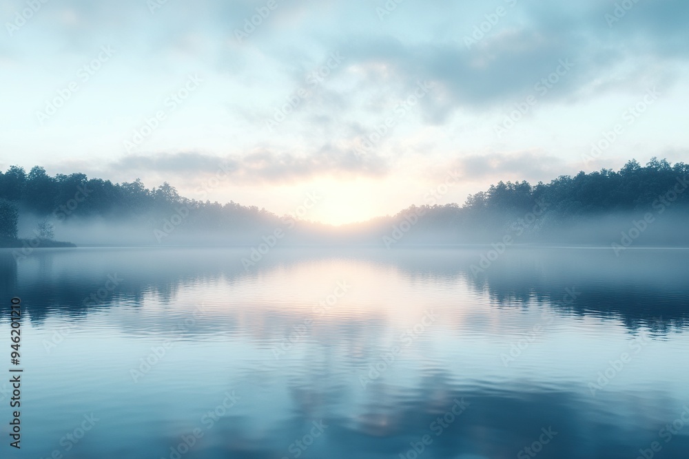 Fototapeta premium A tranquil lake at dawn, with mist rising from the water and the first light of day breaking the horizon