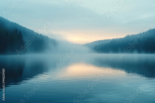 A tranquil lake at dawn, with mist rising from the water and the first light of day breaking the horizon