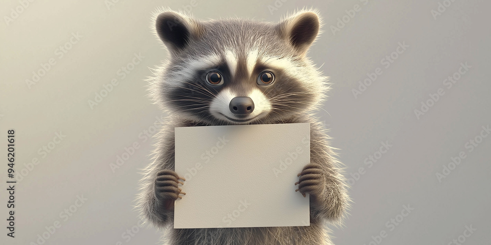 Cute raccoon with a blank sign on a white background, funny animal, advertising banner. Cute raccoon with a blank sign on a white background, funny animal, advertising banner.
