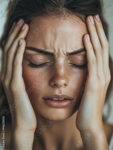 A young woman sits with her hands on her head and eyes closed, conveying intense feelings of stress and anxiety in a tranquil environment. Generative AI