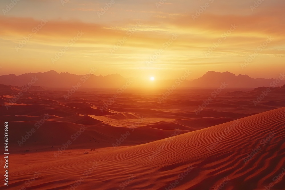A vast desert landscape at dusk, with towering sand dunes and a deep orange sky A vast desert landscape at dusk, with towering sand dunes and a deep orange sky