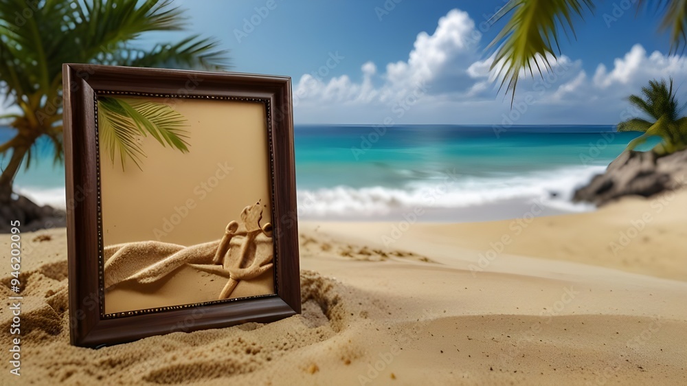 Sand with Palm and tropical beach and sea background with frame design ...