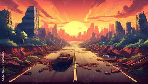 Pixelated Collapsed Highway - A pixel art scene of a once-busy highway, now broken and crumbling. Game design poster. Graphic art 8 bit illustration wallpaper photo