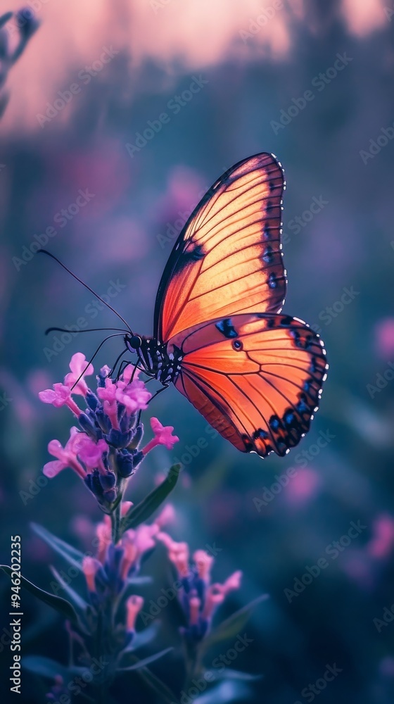 Fototapeta premium Monarch butterfly perched on purple flower enjoying nectar