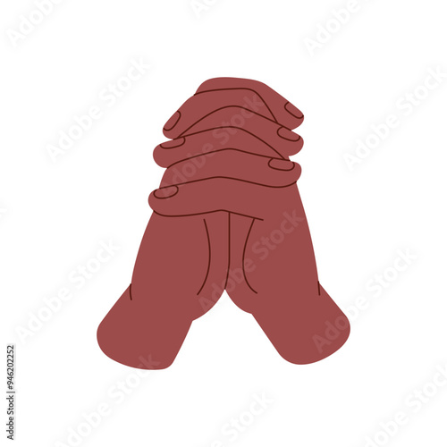 Black person holds palms in pray gesture. Icon of intertwined fingers. Fists are clenched into lock. Hands grip in confident sign. Nonverbal communication. Flat isolated vector illustration on white