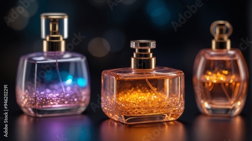 Three perfume bottles with neon lighting.