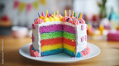 A fun, colorful cake with playful decorations and rainbow layers, perfect for children's parties and celebrations