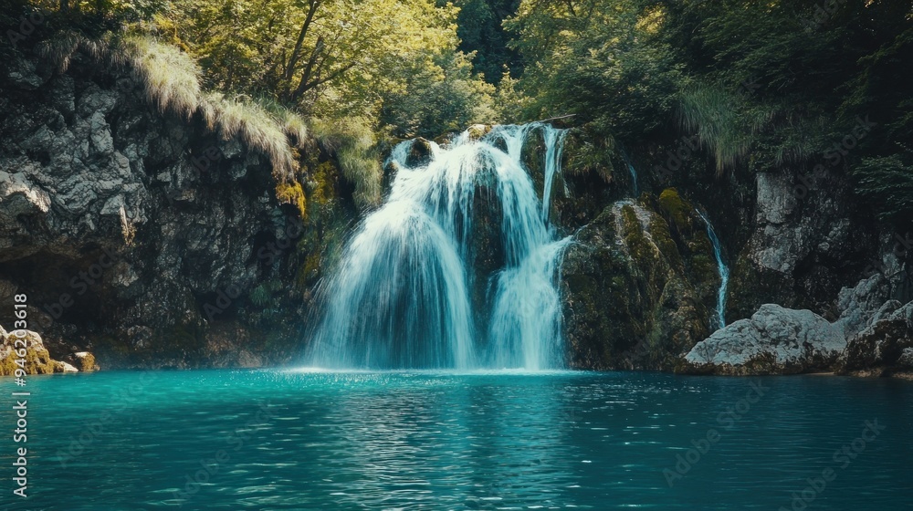 Serene Waterfall in a Lush Green Forest Serene Waterfall in a Lush Green Forest