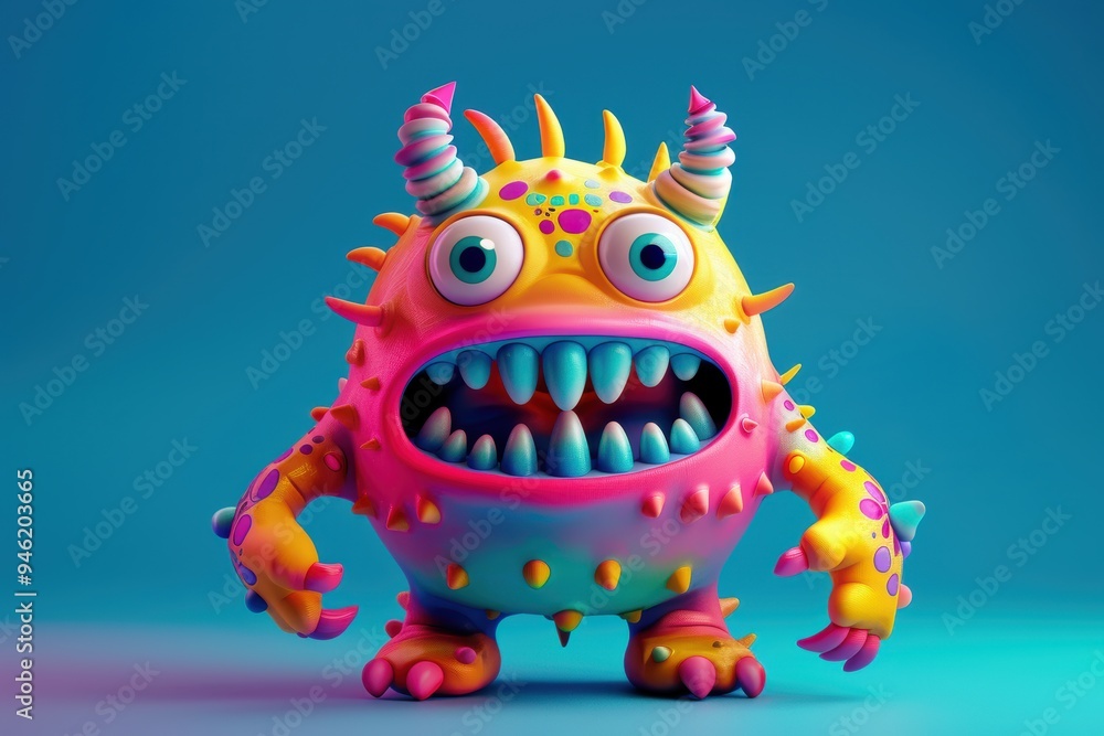 Neon-lit 3D cute monster in bright magenta and cyan, boasting a dynamic and imaginative design. Neon-lit 3D cute monster in bright magenta and cyan, boasting a dynamic and imaginative design.