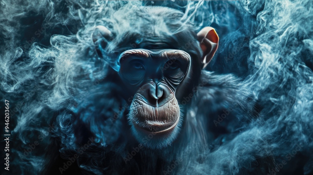 Close-up portrait of a chimpanzee with a blue smoke effect. Close-up portrait of a chimpanzee with a blue smoke effect.