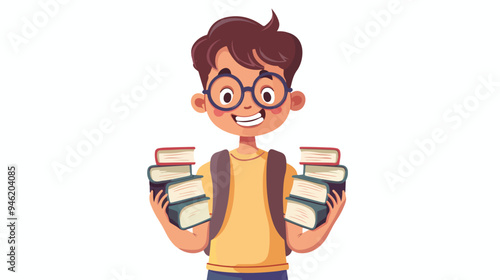 Cheerful School Boy Holding Glasses and Books Flat Vector Illustration
