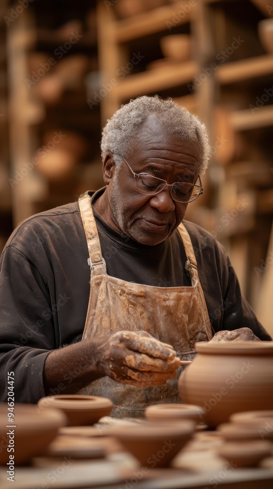 An African American retiree skillfully shapes pottery in a welcoming workshop, deeply focused on his creative process and enjoying his hobby An African American retiree skillfully shapes pottery in a welcoming workshop, deeply focused on his creative process and enjoying his hobby