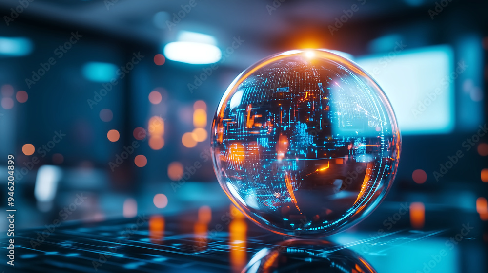 Futuristic Digital Sphere with Holographic Data in a High-Tech Environment Futuristic Digital Sphere with Holographic Data in a High-Tech Environment