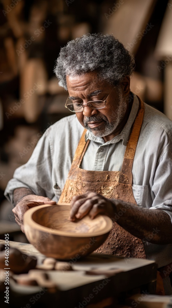 An African American retiree focuses on shaping a wooden bowl in a cozy workshop filled with tools and materials An African American retiree focuses on shaping a wooden bowl in a cozy workshop filled with tools and materials