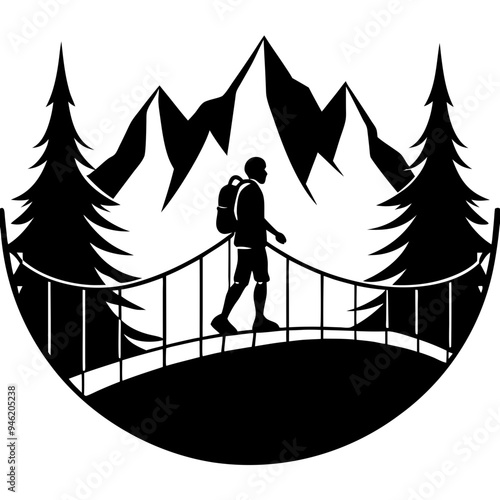 A hiker on a suspension bridge vector iiustration photo