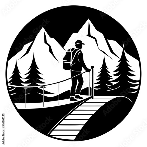 A hiker on a suspension bridge vector iiustration photo