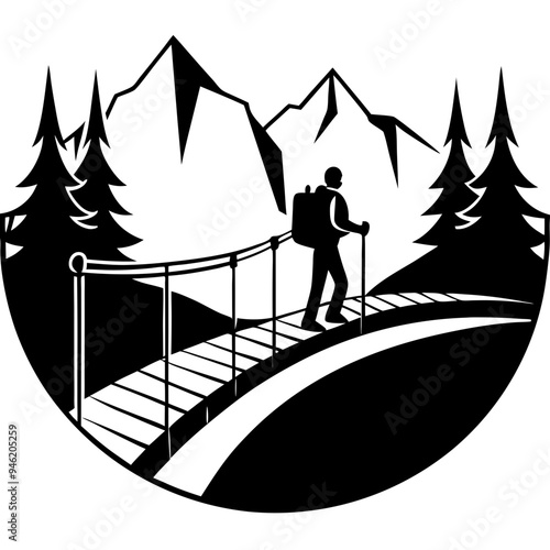 A hiker on a suspension bridge vector iiustration photo