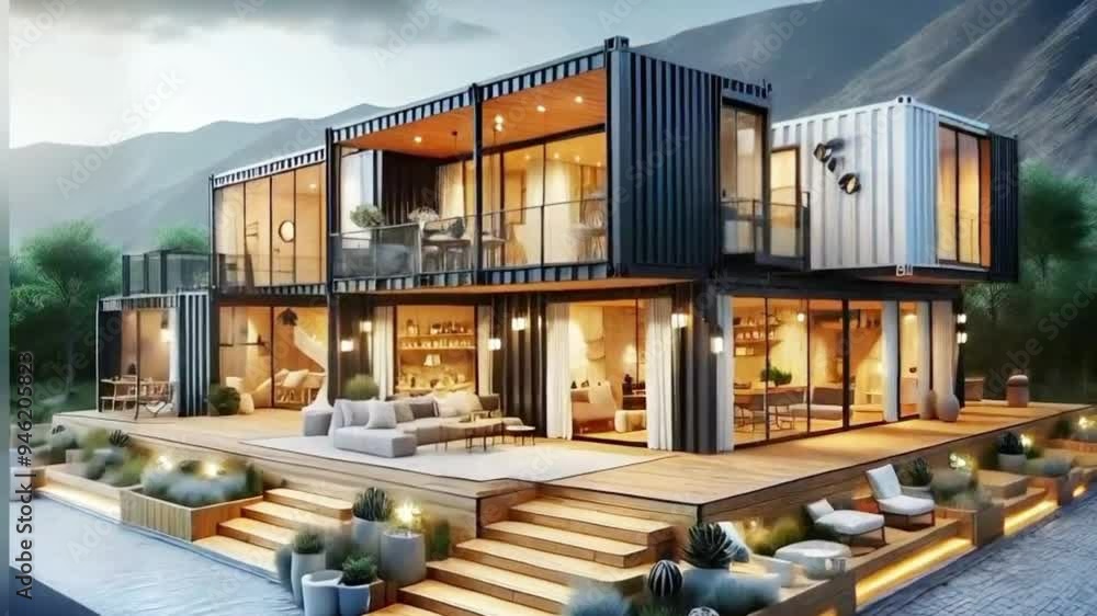 Renderização 3D de casa container moderna e aconchegante com estacionamento e piscina 