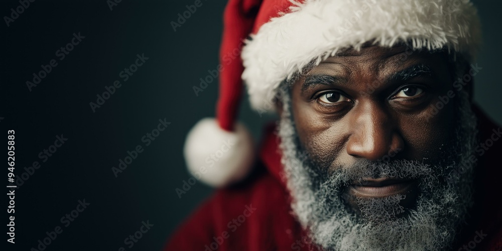 Portrait of a Black man with a Santa hat and a serious expression Portrait of a Black man with a Santa hat and a serious expression