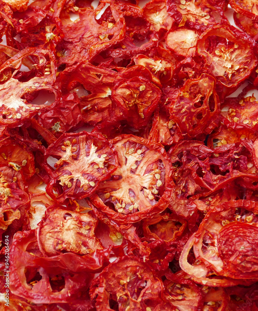 drying tomatoes in the sun, finely chopped tomatoes are dried on the balcony,