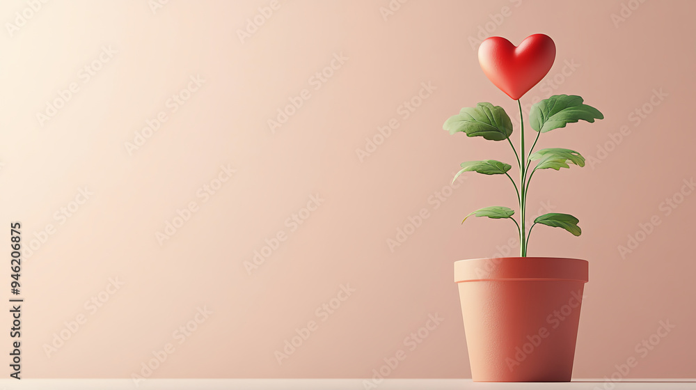 Plant pot with a heart blooming from it, merging minimalism with the essence of love and growth. Generative ai. Plant pot with a heart blooming from it, merging minimalism with the essence of love and growth. Generative ai.