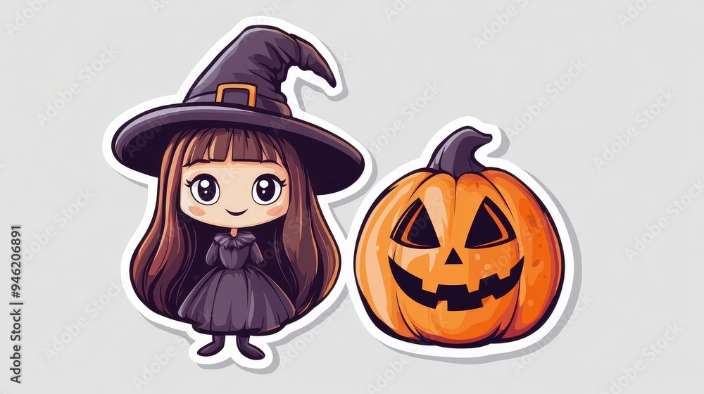 Fototapeta premium Halloween sticker with a monster girl wearing a witch's hat, standing next to a jack-o'-lantern.