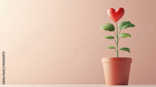 Plant pot with a heart blooming from it, merging minimalism with the essence of love and growth. Generative ai.